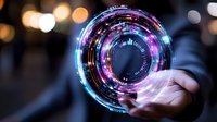 Glowing futuristic holographic circle floating above open palm with colorful neon lights and bokeh effects against dark background. Digital technology concept.