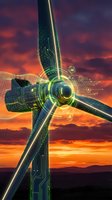 Futuristic wind turbine with digital overlay and glowing circuits against dramatic sunset sky showcasing renewable energy technology and smart grid innovation.