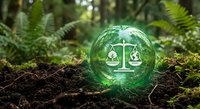 Environmental law concept with glowing justice scales symbol in transparent sphere on forest floor surrounded by ferns and moss for legal sustainability themes.