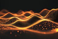 Abstract glowing orange waves with sparkles and particles flowing on dark background create dynamic futuristic pattern for technology designs.