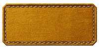 Golden leather label with decorative stitching around edges, isolated on transparent background for branding, packaging, or apparel design.