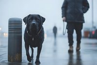 Black Labrador retriever standing on wet pavement during foggy weather with blurred people walking in background, moody atmospheric urban scene.