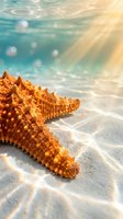 Orange starfish resting on sandy ocean floor with sunlight rays filtering through crystal clear tropical water creating magical underwater scene.