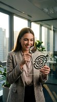 Young woman with long brown hair and Caucasian ethnicity wearing business casual attire holding magnifying glass and target symbol in modern office with city skyline view.