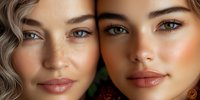 Close up portrait of two young women with different skin tones and eye colors showing natural makeup, freckles and flawless complexion against dark background.