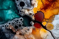 Abstract fluid art background with turquoise, orange and gold colors mixing together creating natural cellular patterns and organic bubble formations.