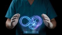 Healthcare professional in scrubs displaying glowing infinity symbol with medical cross, representing endless care and innovation in modern medicine.