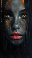 Mysterious dark-skinned woman with glowing amber eyes and red lips against black background, artistic paint splatter effect creates dramatic contrast and mood.