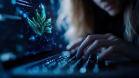 Young woman typing on keyboard at night with glowing marijuana leaf hologram projection, dark blue atmospheric lighting and bokeh effects. Digital cannabis concept.