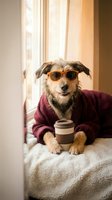 Funny dog wearing sunglasses and burgundy sweater holding coffee cup by window, cozy morning lifestyle concept for pet humor and relaxation themes.