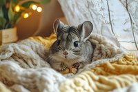 Adorable chinchilla resting on cozy knitted blanket with warm bokeh lights in background, creating peaceful domestic atmosphere for pet photography.