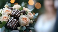Elegant bouquet combining peach roses and chocolate covered strawberries with white drizzle, set against soft bokeh lights creating romantic atmosphere.