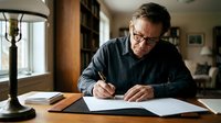 Middle-aged Caucasian male professional wearing glasses and dark shirt, focused on writing or signing documents at wooden desk in home office setting with natural window light and desk lamp.