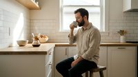 Bearded man in casual sweater drinking coffee while sitting in modern kitchen with white subway tiles and natural lighting.