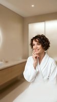 Woman with short brown wavy hair, fair complexion, wearing white shirt in modern minimalist interior space with natural lighting and wooden accents.