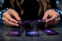 Female hands with manicure and blue bracelet holding mystical round boxes with purple glow near tarot cards on dark table with bokeh lights in background.