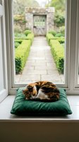 Calico cat sleeping on green cushion by window overlooking formal garden path with topiary hedges and stone archway entrance for home decor concepts.