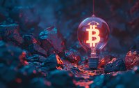 Glowing bitcoin symbol inside light bulb against dramatic dark background with red and blue lighting effects, representing cryptocurrency innovation.