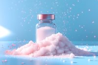 Glass bottle with pink salt or sugar crystals spilling out on blue background with dreamy pastel lighting and soft bokeh effect, creating magical mood for wellness products.