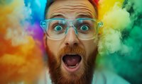 Surprised bearded Caucasian man with glasses and open mouth expressing shock against colorful smoke powder background in vibrant rainbow colors. Fun emotional portrait.