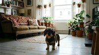 Cozy bohemian living room interior with dachshund dog, houseplants, vintage sofa with patterned pillows, wooden floors, natural light from window.