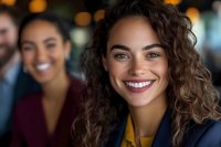 Young mixed race businesswoman with curly hair and bright genuine smile wearing yellow blouse in modern office environment with bokeh lights background.