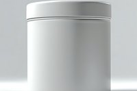 White cylindrical container with metallic lid on light background, minimalist product mockup for cosmetics, supplements or food packaging design.