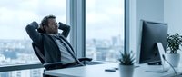 Relaxed businessman leaning back in office chair with hands behind head, taking break at modern workplace with city view through large windows.