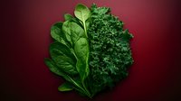 Fresh green spinach and curly kale leaves arranged in circular composition on dark red background, healthy eating concept for food industry and nutrition blogs.