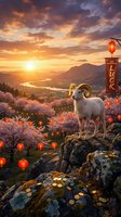 White ram standing on rocky terrain overlooking blooming valley with red lanterns and luck sign at golden sunset. Fantasy landscape for editorial, fantasy art, and cultural celebration designs.