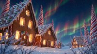 Magical gingerbread village with glowing windows under northern lights and candy cane trees in snowy winter wonderland for holiday celebrations.