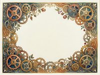 Steampunk ornamental frame with brass gears, cogs, and mechanical elements in copper and gold tones surrounding blank cream center space for text or design.