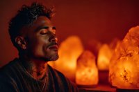 African American man relaxing in warm ambient lighting with Himalayan salt lamps creating peaceful wellness atmosphere for meditation and self-care.