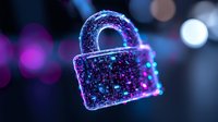 Digital padlock with glowing purple neon lights and circuit patterns representing cybersecurity, data protection and network security technology.