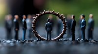 Businessman standing in circular gear formation surrounded by blurred colleagues, symbolizing leadership, innovation and team management concept.