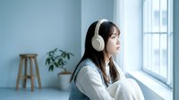 Woman with long dark hair and East Asian ethnicity wearing white over-ear headphones, sitting by a bright window in a minimalist room with blue walls. Listening to music or audio content.