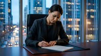 Professional Asian businesswoman signing contract documents at modern office desk during evening hours with city skyline background.