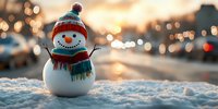 Cheerful snowman wearing knitted hat and scarf stands in fresh snow at sunset with glowing bokeh lights creating magical winter holiday atmosphere.