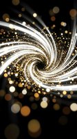 Swirling golden and white light trails with bokeh particles create an elegant spiral vortex on black background, suitable for luxury, celebration, and festive design projects.