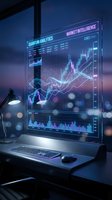 Futuristic holographic trading interface displaying quantum analytics and market intelligence data with glowing charts and graphs on modern workspace desk.