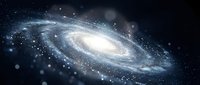 Spiral galaxy with glowing core and swirling arms filled with stars, dust, and cosmic light against dark space background. Suitable for astronomy, science, and space exploration projects.