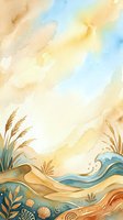 Watercolor coastal landscape with flowing waves, golden sand dunes, and decorative seagrass elements. Soft blue and warm earth tones create a serene beach scene. Suitable for backgrounds, wall art, and design projects.