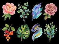 Watercolor floral and botanical elements isolated on transparent background. Includes pink peonies, roses, rowan berries, monstera leaf, eucalyptus, and abstract blue brushstrokes. Ready for t-shirt design, clipart, stickers, and print-on-demand projects.