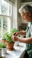 Senior Caucasian man in green apron tending to potted herbs on kitchen windowsill, natural light streaming through window creating peaceful gardening moment.
