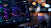 Digital screen displaying financial market data with glowing cryptocurrency chart and bokeh lights in background, modern trading workspace setup.