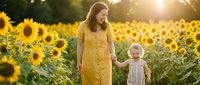 Young Caucasian mother in yellow dress walks with laughing toddler girl through golden sunflower field at sunset, capturing joy of family bond.