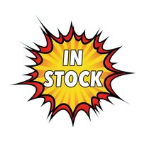 Comic book explosion burst with In Stock text on yellow starburst background. Pop art style promotional badge for retail and e-commerce marketing campaigns.