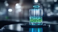 Futuristic glowing cylinder with floating ring and green particles inside on dark background with bokeh lights, science visualization concept.
