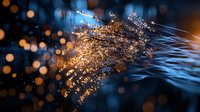 Glowing golden dandelion seeds floating in dark blue atmosphere with magical sparkles and bokeh lights creating dreamy ethereal mood for fantasy backgrounds.