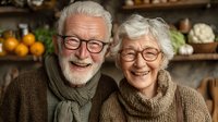 Happy elderly Caucasian couple smiling warmly in cozy kitchen setting with autumn vegetables and rustic shelving background for lifestyle content.
